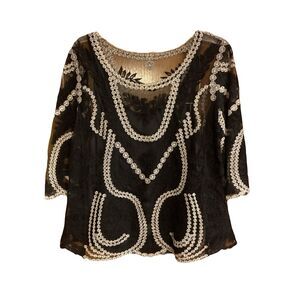 Sheer Top Women’s Black White Embroidered 3/4 Sleeve Blouse Sz M